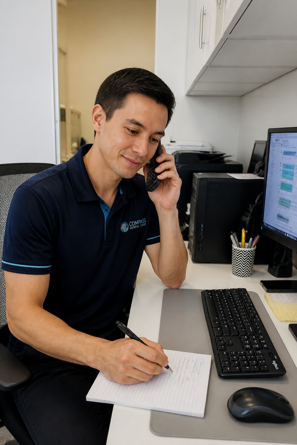 A receptionist taking a booking over the phone