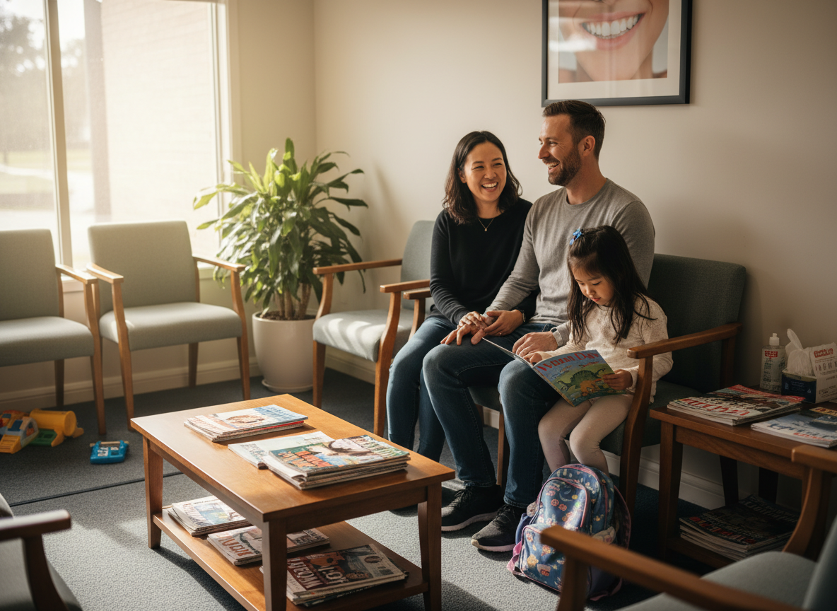 A family sitting together in a dental waiting room