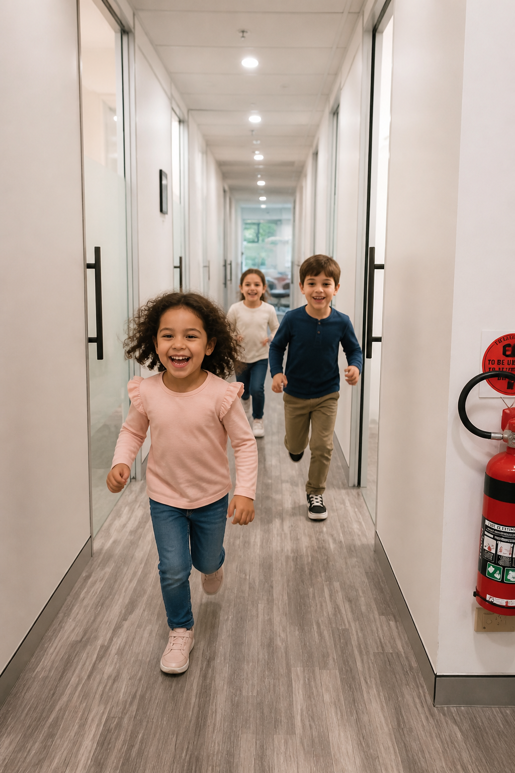 Children walking down a bright clinic hallway