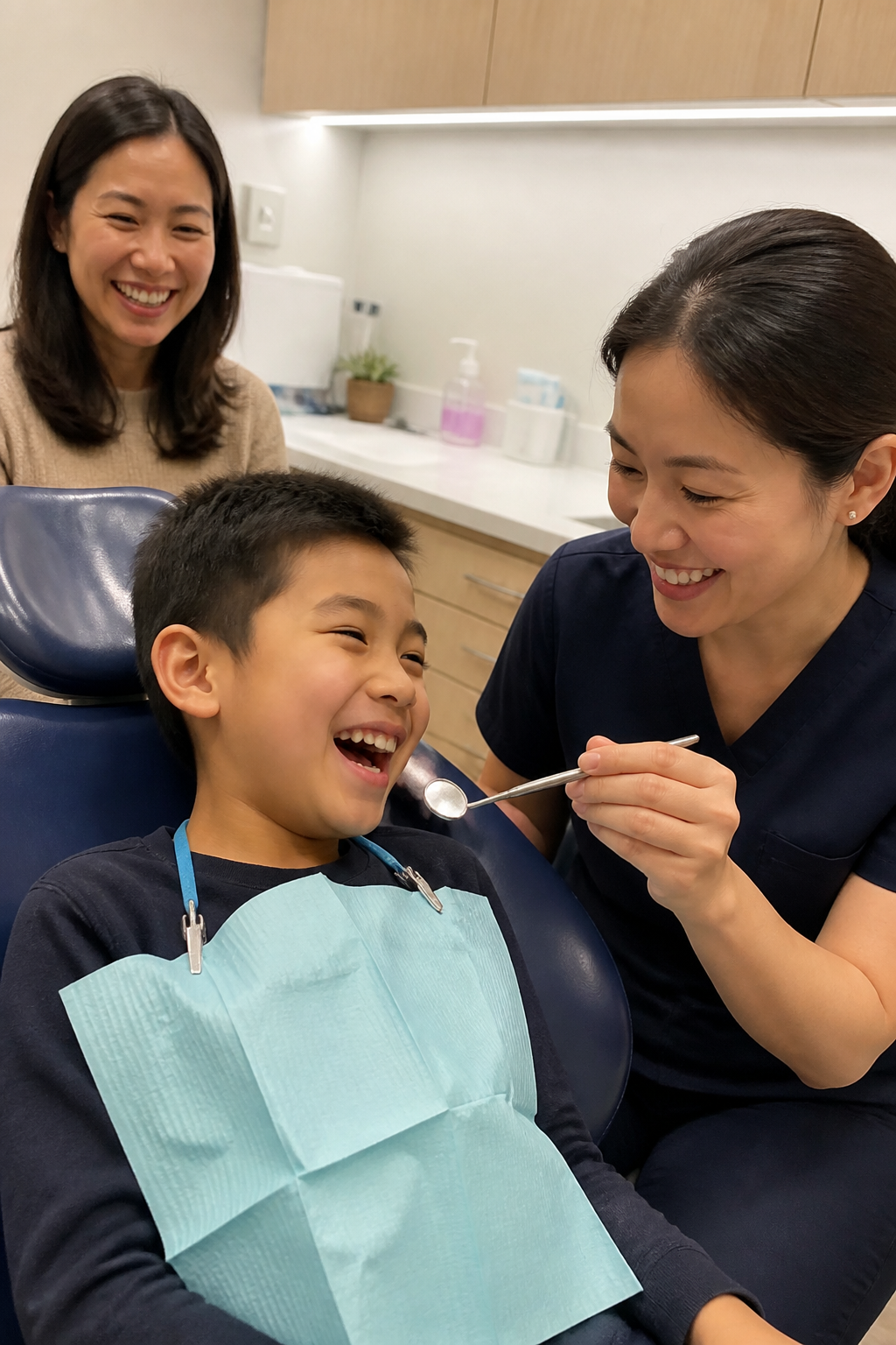 A child laughing in the dental chair during a check-up