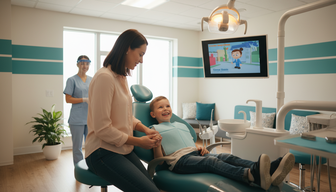A parent sitting with a child in the dental chair at a check-up