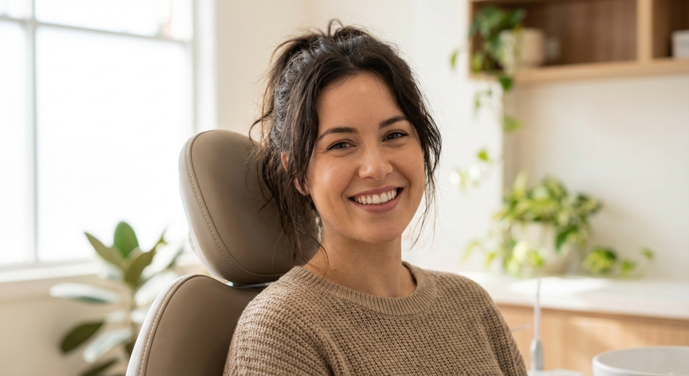 An adult smiling in a dental chair