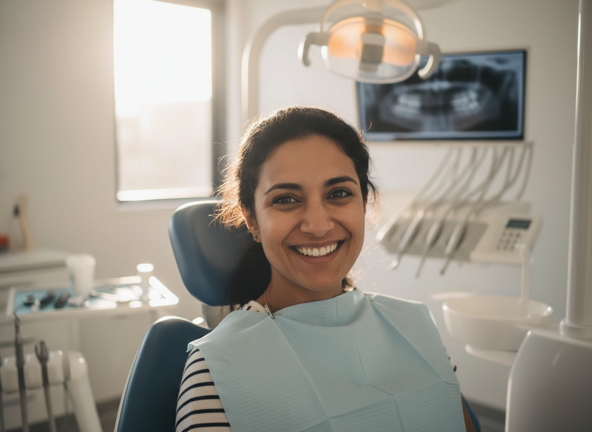 A patient smiling in the dental chair after a check-up