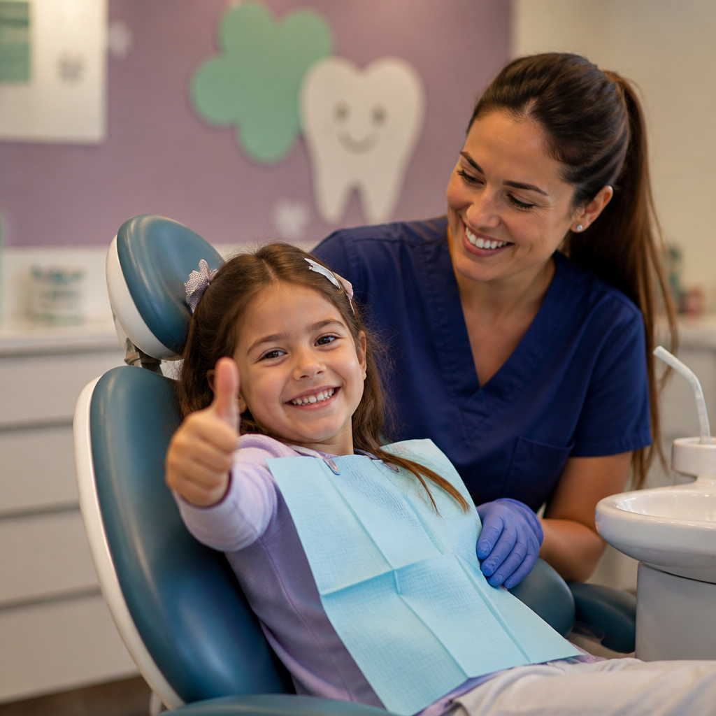 A child giving a thumbs up in the dental chair