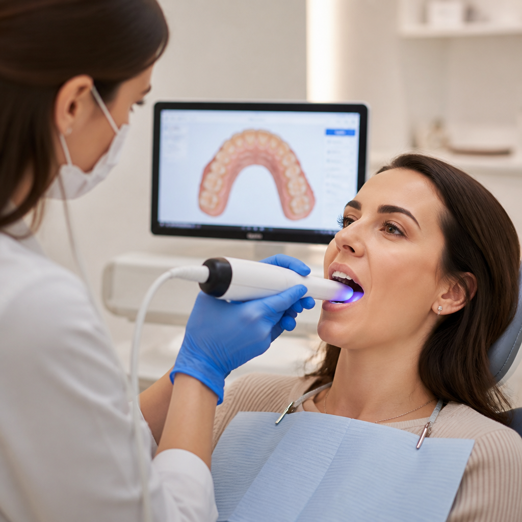 A dentist scanning a patient's teeth with a handheld scanner