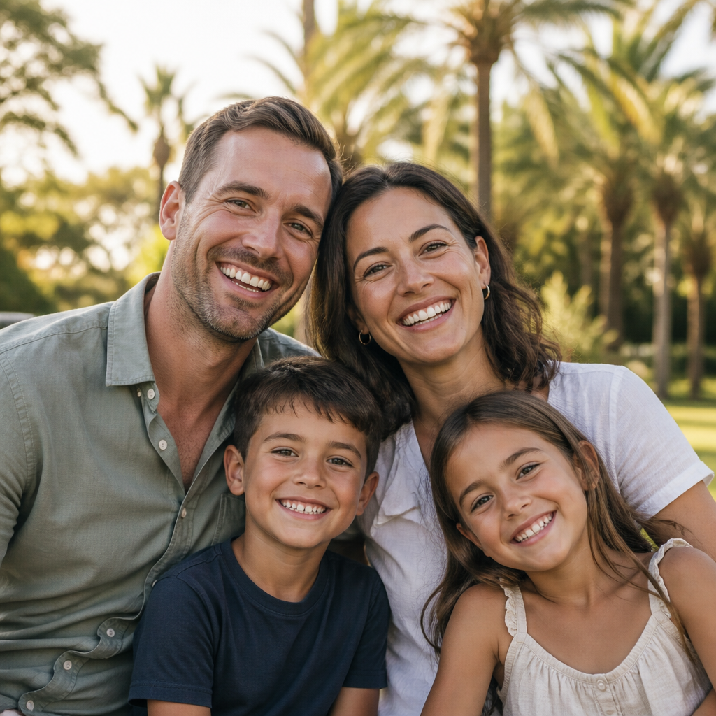 A family of four smiling together outdoors