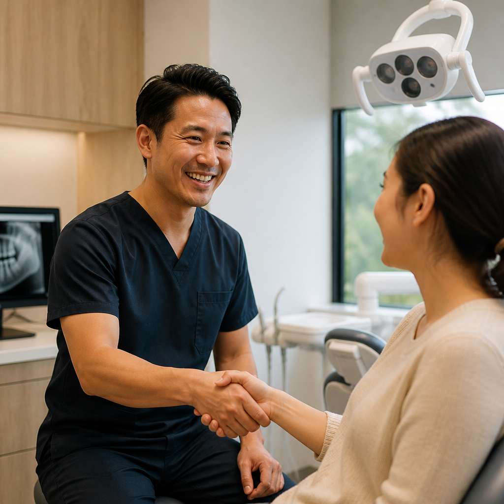 A dentist greeting a patient in the surgery