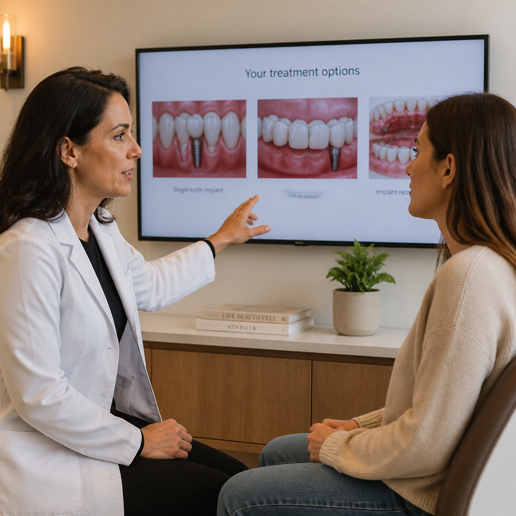 A dentist going through treatment options with a patient on a screen