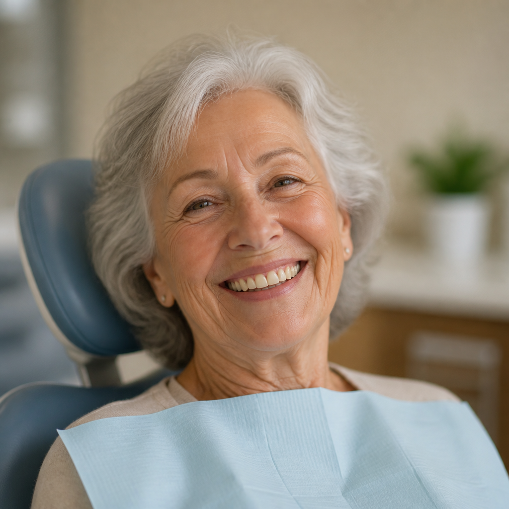 An older patient smiling in the dental chair